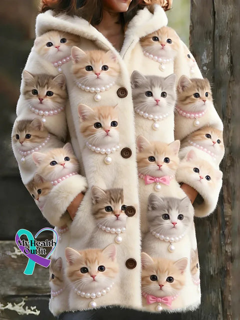 Pearl Necklace Cat Cozy Hooded Cardigan Multicolor / S