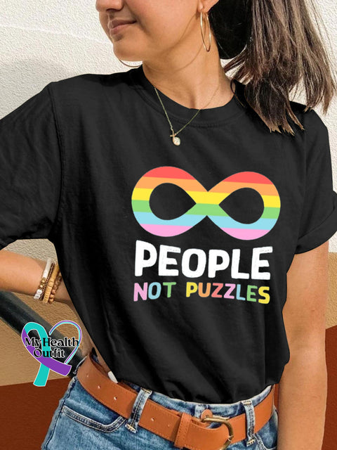 People Not Puzzles Autism Awareness Print Casual Crew Neck Short Sleeve T-Shirt Black / S