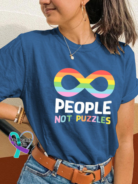 People Not Puzzles Autism Awareness Print Casual Crew Neck Short Sleeve T-Shirt Blue / S
