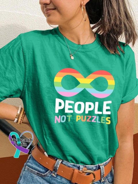People Not Puzzles Autism Awareness Print Casual Crew Neck Short Sleeve T-Shirt Green / S