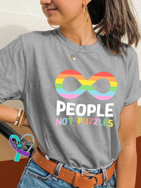 People Not Puzzles Autism Awareness Print Casual Crew Neck Short Sleeve T-Shirt Grey / S