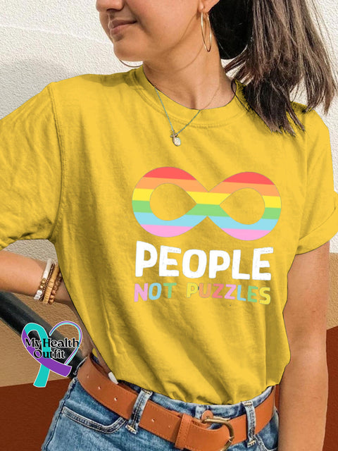 People Not Puzzles Autism Awareness Print Casual Crew Neck Short Sleeve T-Shirt Yellow / S