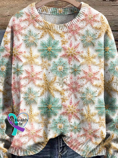 Pink Aqua Snowflakes Christmas Print Knit Pullover Sweater