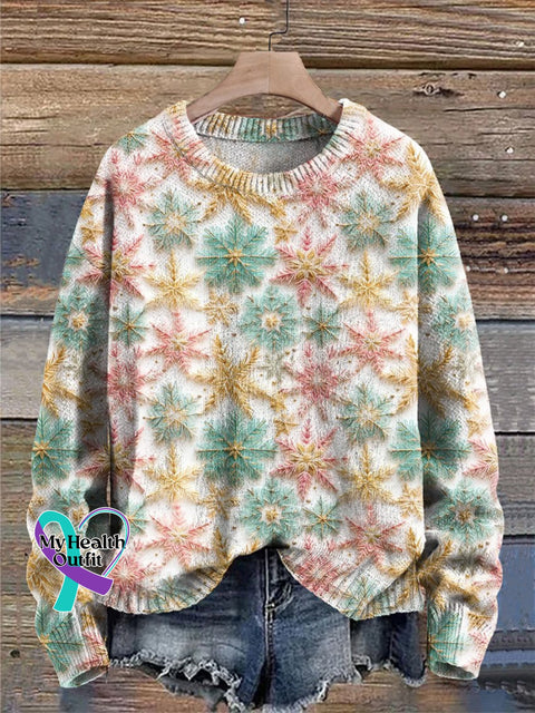 Pink Aqua Snowflakes Christmas Print Knit Pullover Sweater Multicolor / S