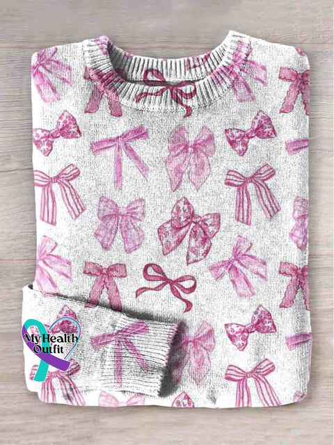 Pink Bow Breast Cancer Awareness Art Pattern Print Knit Pullover Sweater Multicolor / S