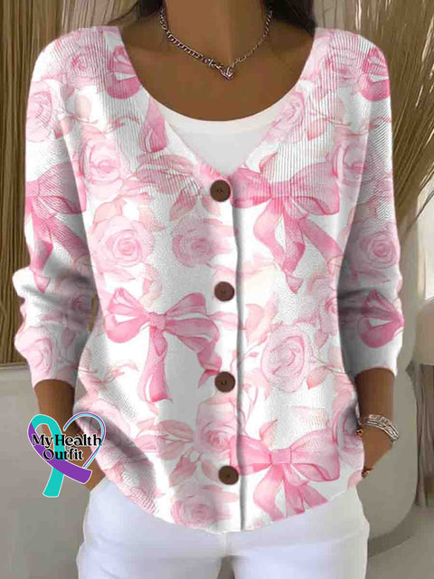 Pink Bow Breast Cancer Awareness Print Buttoned V neck Cardigan Sweater Pink / S