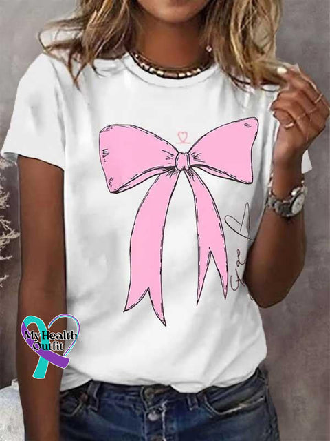 Pink Bow Breast Cancer Awareness T-Shirt White / S