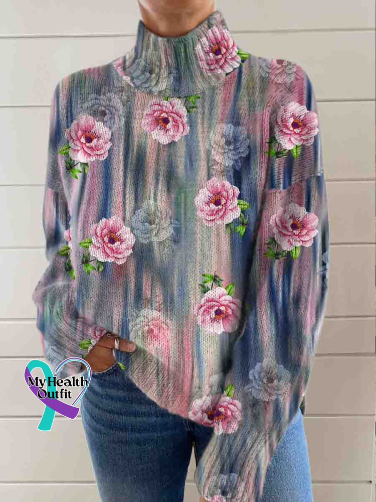 Pink Breast Cancer Awareness Flower Art Vintage Print Knit Turtleneck Pullover Sweater