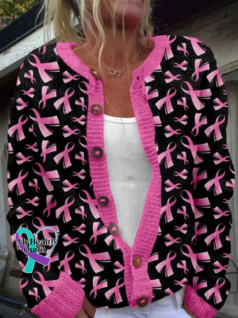 Pink Breast Cancer Awareness Print Buttoned Cardigan Sweater Black / S