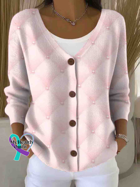 Pink Breast Cancer Awareness Print Buttoned V neck Cardigan Sweater Pink / S