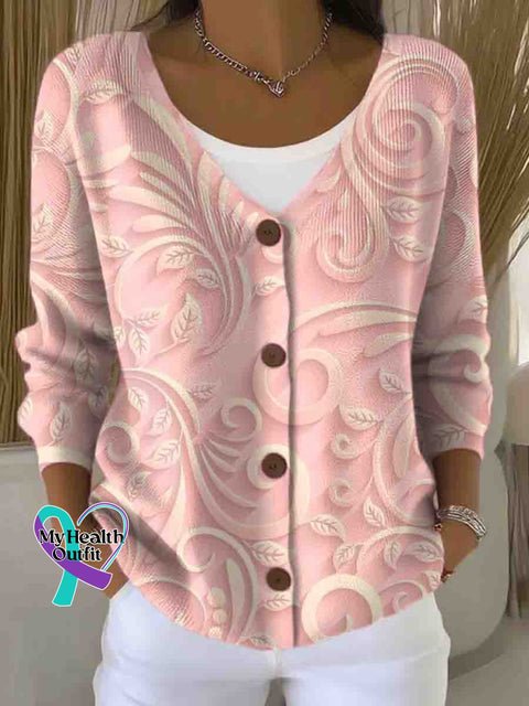 Pink Breast Cancer Awareness Print Buttoned V neck Cardigan Sweater Pink / S