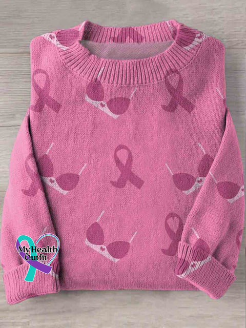 Pink Breast Cancer Awareness Print Knit Pullover Sweater Multicolor / S