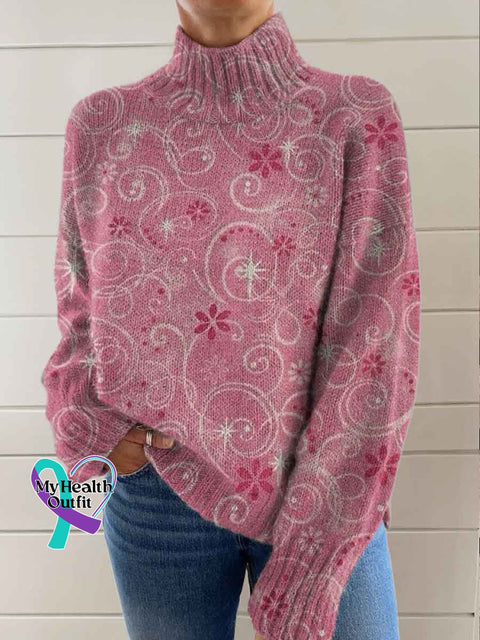 Pink Breast Cancer Awareness Print Knit Turtleneck Pullover Sweater Pink / S