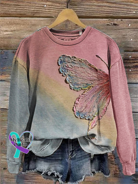 Pink Butterfly Oil Painting Contrast Sweatshirt / S