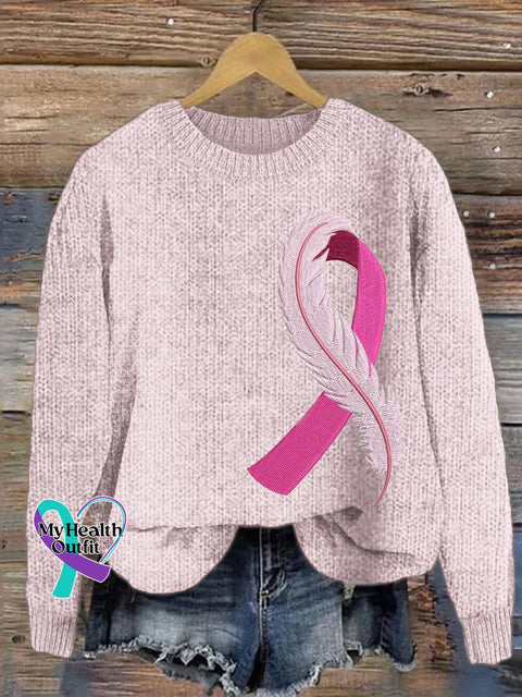 Pink Cancer Ribbon Feather Embroidery Women’s Cozy Sweater / S