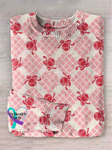 Pink Christmas Bell Pattern Print Knit Pullover Sweater Multicolor / S