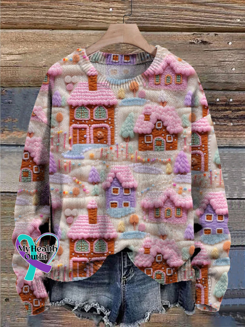 Pink Christmas Gingerbread House Print Knit Pullover Sweater As Picture / S