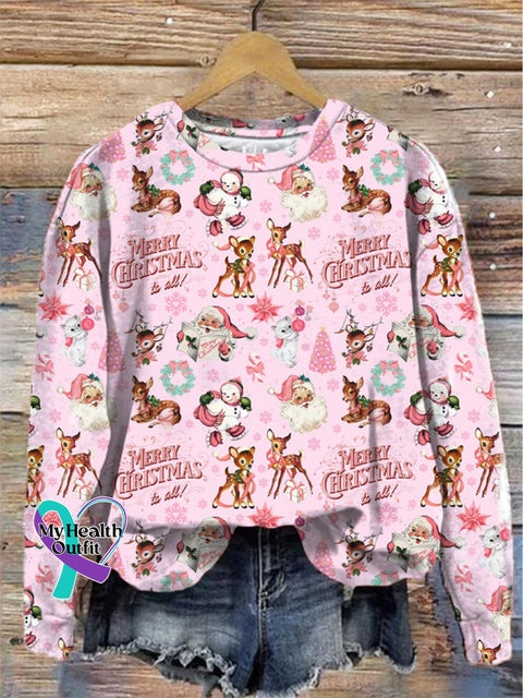Pink Christmas Tree Elk Snowman Cat Santa Claus Print Casual Sweatshirt / S