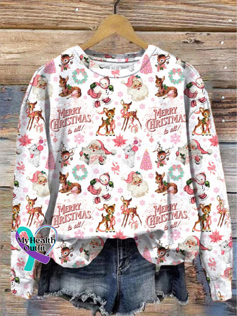 Pink Christmas Tree Elk Snowman Cat Santa Claus Print Casual Sweatshirt White / S