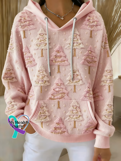 Pink Christmas Tree Print Casual Hoodie Sweatshirt Multicolor / S