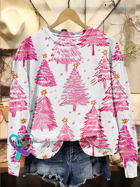 Pink Christmas Trees Print Casual Sweatshirt Multicolor / S