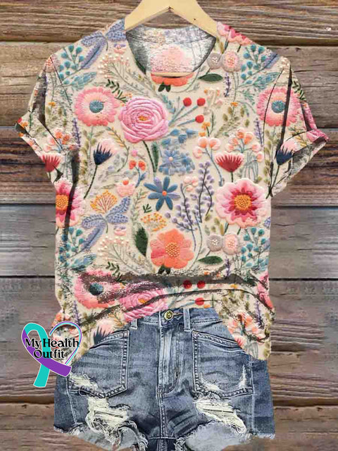 Pink Floral Breast Cancer Awareness Art Print T shirt Multicolor / S