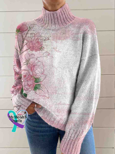 Pink Floral Breast Cancer Awareness Print Knit Turtleneck Pullover Sweater Multicolor / S