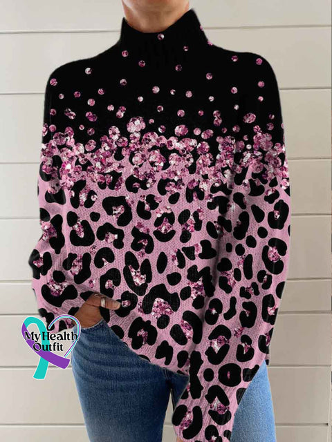 Pink Leopard Breast Cancer Awareness Print Knit Turtleneck Pullover Sweater Multicolor / S