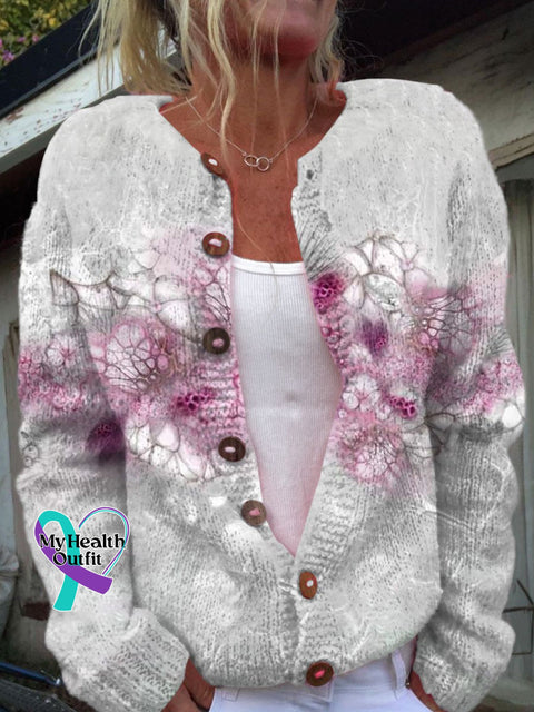 Pink Month Print Buttoned Cardigan Sweater As Shown / S