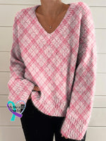Pink Plaid Pattern Printed Women’s Casual V-Neck Pullover Knit / M