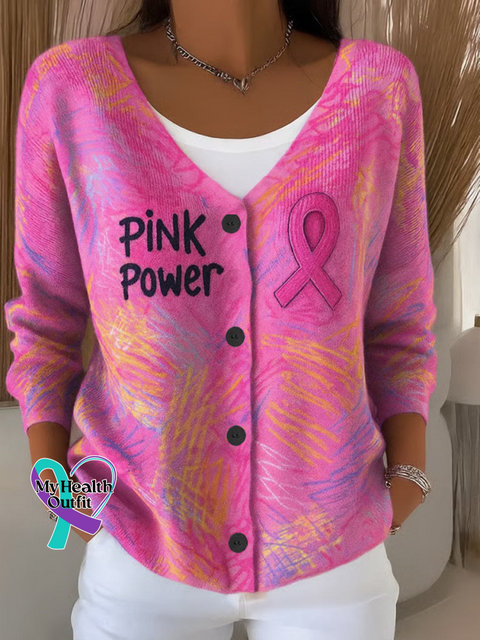 PINK Power Crayon Breast Cancer Awareness Print Buttoned V neck Cardigan Sweater Multicolor / S