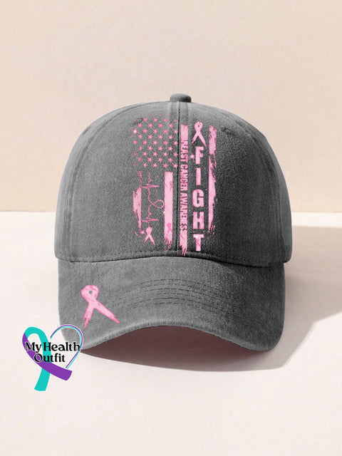 Pink Ribbon Breast Cancer Awareness Print Hats Grey / Onesize