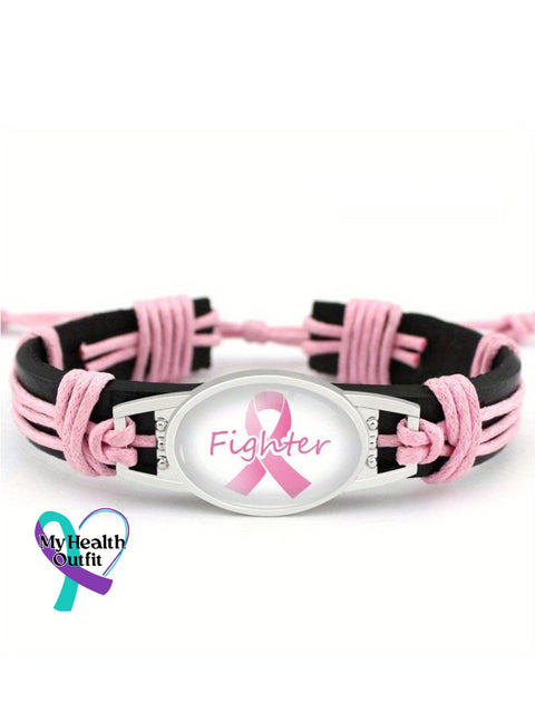 Pink Ribbon Breast Cancer Hand Woven Cow Leather Bracelet Picture 1 / One-Size