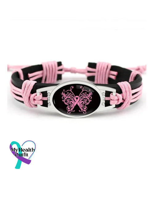 Pink Ribbon Breast Cancer Hand Woven Cow Leather Bracelet Picture 2 / One-Size
