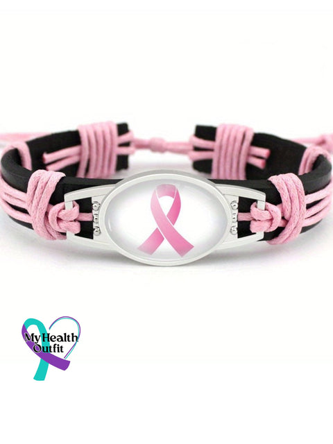 Pink Ribbon Breast Cancer Hand Woven Cow Leather Bracelet Picture 3 / One-Size