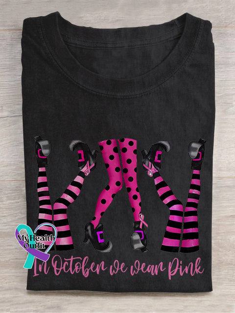 Pink Ribbon Breast Cancer In October Wear Halloween Witch Legs T-Shirt Black / S