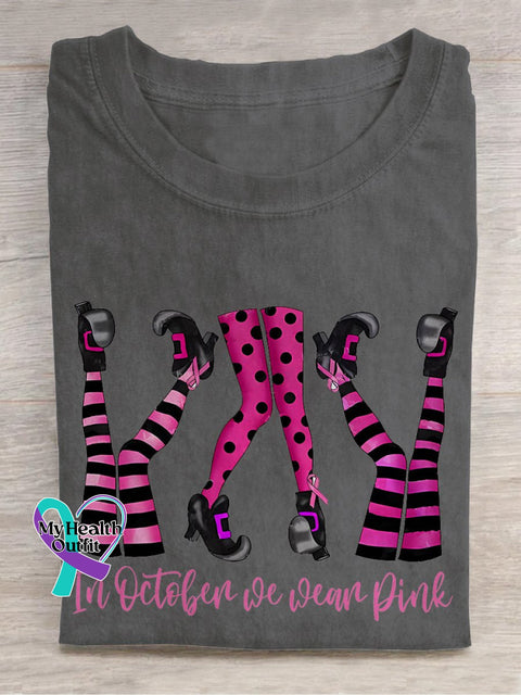 Pink Ribbon Breast Cancer In October Wear Halloween Witch Legs T-Shirt Grey / S