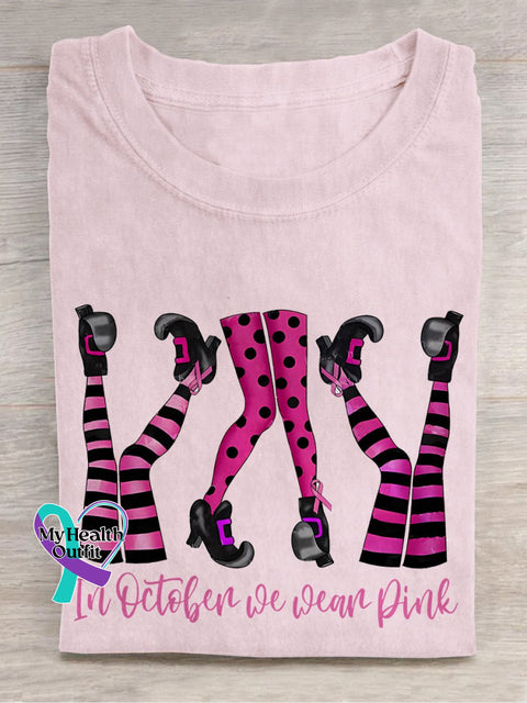 Pink Ribbon Breast Cancer In October Wear Halloween Witch Legs T-Shirt Pink / S