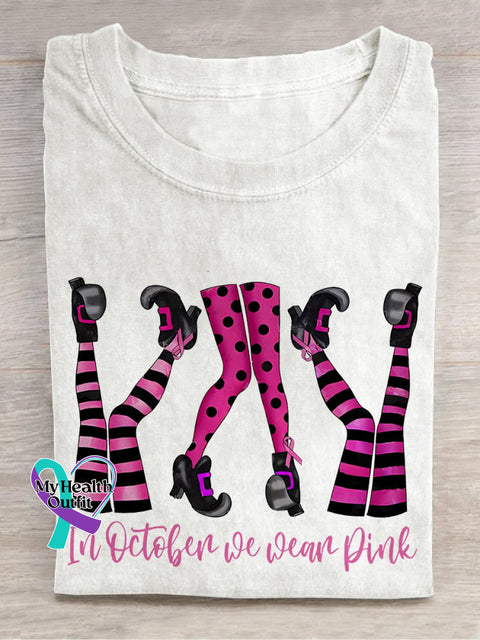 Pink Ribbon Breast Cancer In October Wear Halloween Witch Legs T-Shirt White / S