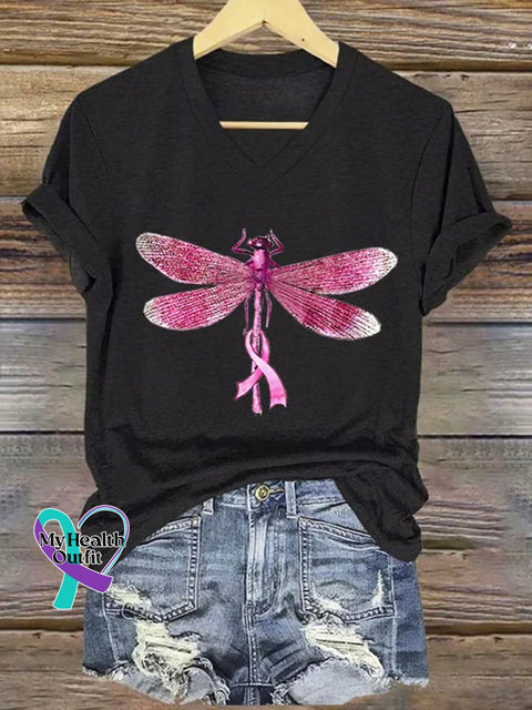 Pink Ribbon Dragonfly Breast Cancer Awareness Art Print V-neck Casual T-Shirt Black / S