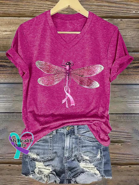 Pink Ribbon Dragonfly Breast Cancer Awareness Art Print V-neck Casual T-Shirt Purple / S