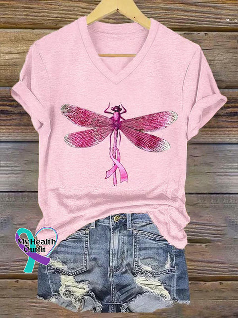 Pink Ribbon Dragonfly Breast Cancer Awareness Art Print V-neck Casual T-Shirt Pink / S