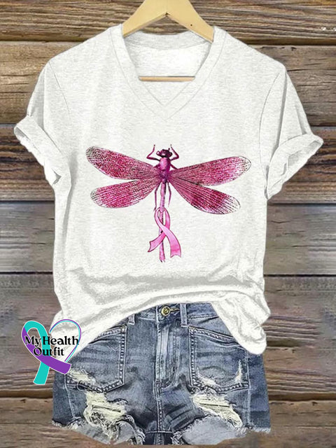 Pink Ribbon Dragonfly Breast Cancer Awareness Art Print V-neck Casual T-Shirt White / S