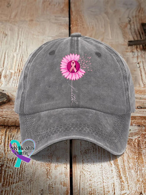 Pink Ribbon Faith Breast Cancer Warrior Supporter Hat Light Grey / One-Size