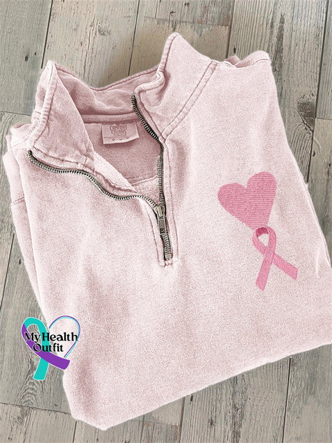 Pink Ribbon Heart Embroidered Breast Cancer Awareness Zip Up Sweatshirt / S