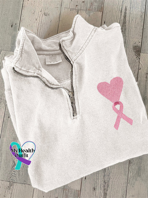 Pink Ribbon Heart Embroidered Breast Cancer Awareness Zip Up Sweatshirt White / S