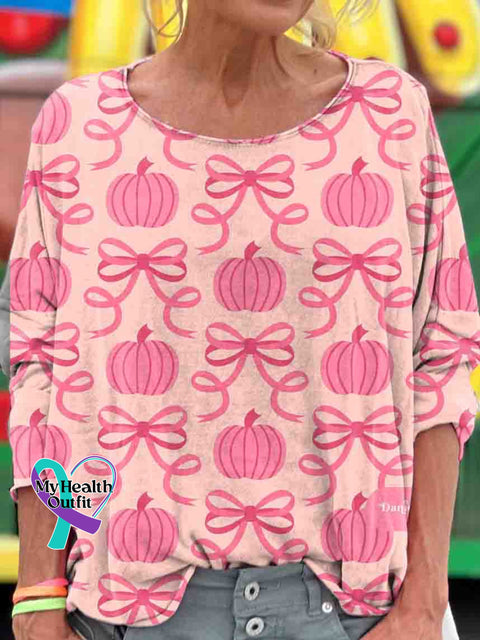 Pink Ribbon Pumpkin Breast Cancer Awareness Art Print Casual Long Sleeve T shirt Multicolor / S