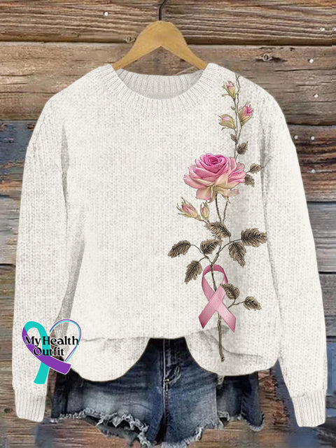 Pink Ribbon Rose Embroidered Cozy Knit Sweater Creamy White / S