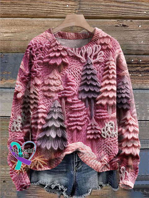 Pink Santa Christmas Tree Print Knit Pullover Sweater / 2Xl
