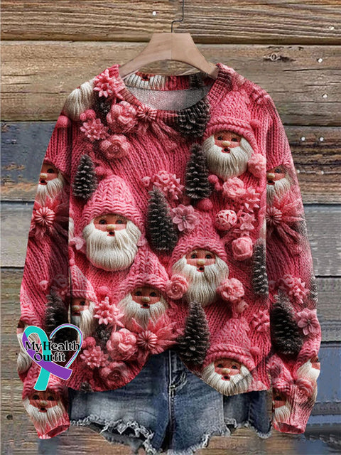 Pink Santa Christmas Tree Print Knit Pullover Sweater / S